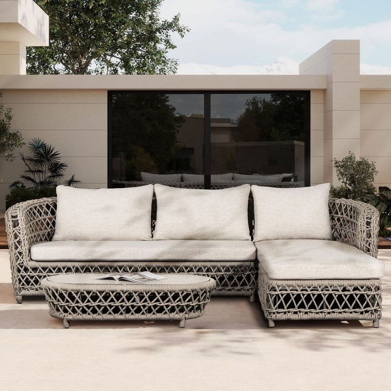Jennifer Taylor - Everly 108 in. Woven Aluminum Frame Deep Seating RAF Outdoor Sectional Sofa with Cushions in Oat Beige Axroma Olefin
