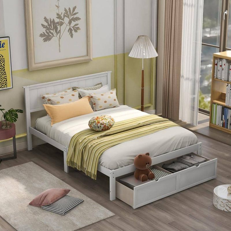 Qualler - White Full Size Platform Bed with Under-Bed Drawer