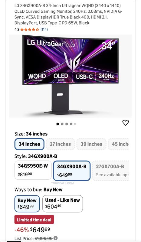 $1,199.99 LG UltraGear 34" OLED Curved Gaming Monitor (34GX900A-B) for $649.99