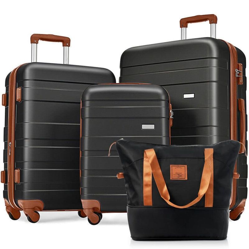 Merax - Light-Weight Durable 4-Piece Black and Brown ABS Hardshell Spinner Luggage Set with Travel Bag, TSA Lock