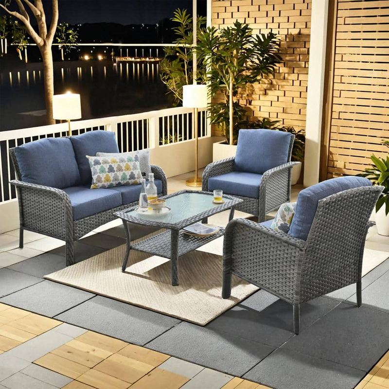 XIZZI - Zora 4-Piece Wicker Patio Conversation Seating Sofa Set with Denim Blue Cushions and Table