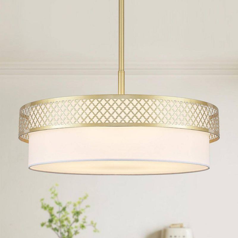 ZJVAIVE - 5-Light Gold 21.6 in. Modern Drum Chandelier Adjustable Height with Fabric Shade for Dining Room Kitchen