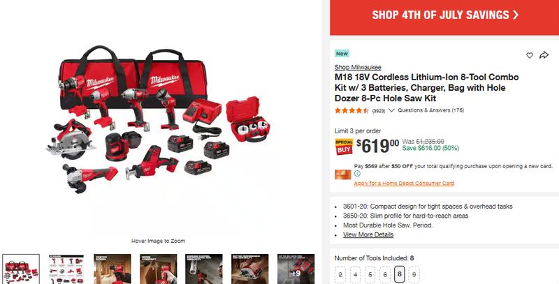 M18 18V Cordless Lithium-Ion 8-Tool Combo Kit w/ 3 Batteries, Charger, Bag with Hole Dozer 8-Pc Hole Saw Kit