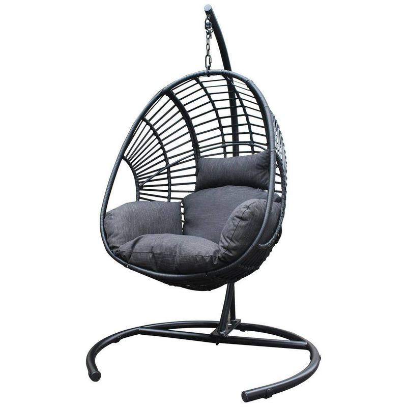 Velivi - 1-Person Metal Outdoor Patio Swing Egg Chair Dark Blue Color Wicker with Dark Blue Cushion