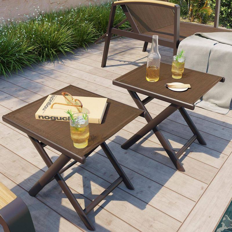Pellebant - 2-Piece Rectangle Aluminum 16.3 in. H Foldable Outdoor Side Table in Brown