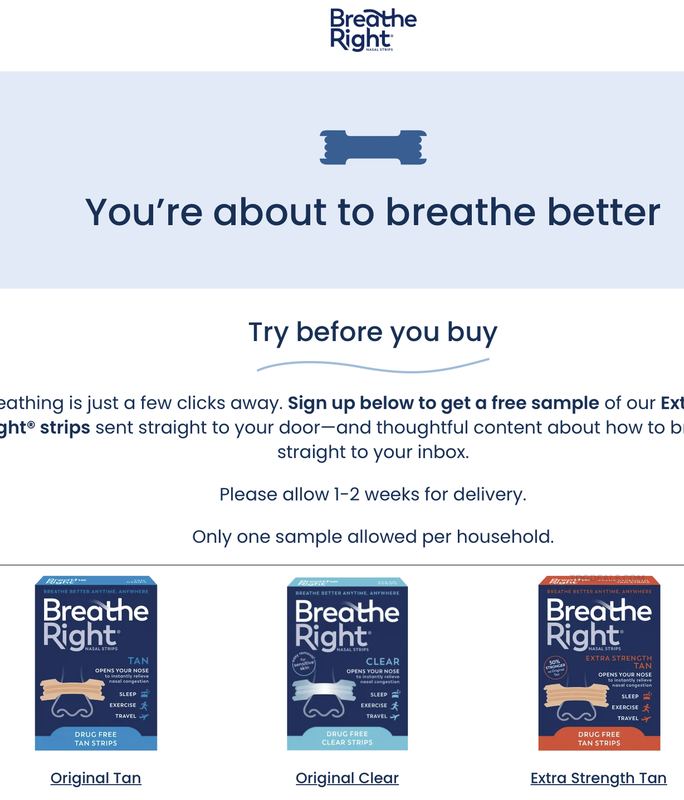 FREE SAMPLE FOR BREATHE RIGHT® STRIPS  👃