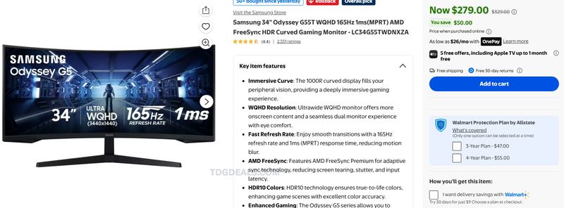 SAMSUNG 34" ODYSSEY G55T ULTRAWIDE — $279