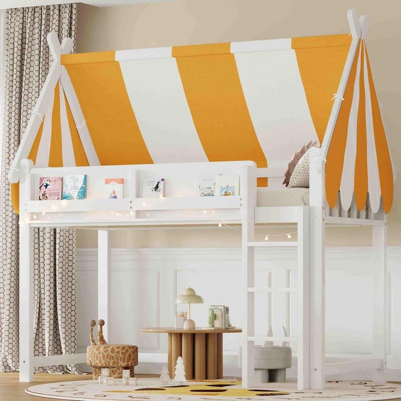 Polibi - White Twin Wood Loft Bed with Canopy, LED Lights and Book Shelf