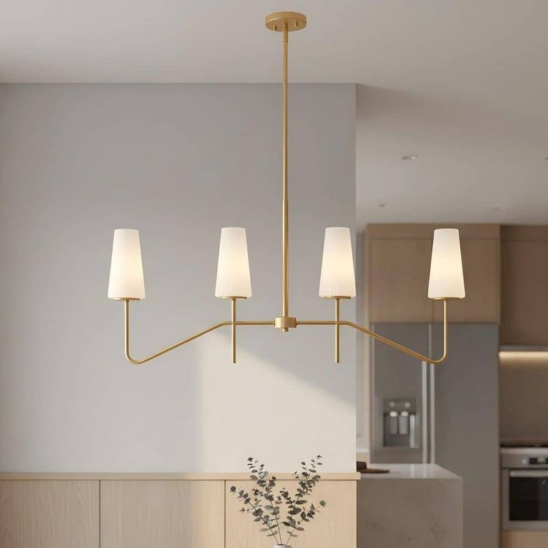 KAWOTI - 4 Light Gold Island Pendant Light with Frosted Opal Ribbed Glass Shade