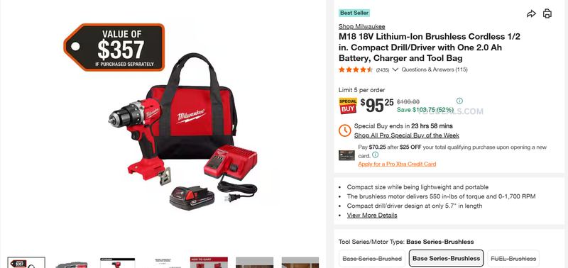MILWAUKEE M18 COMPACT DRILL/DRIVER KIT — $95.25