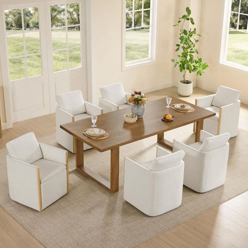 Spruce & Spring - Tessa Cream Fabric Modern Upholstered Dining Chairs with Rolling Wheels and Hidden Storage for Dining Room