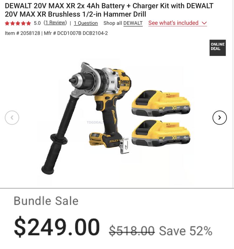 $518 DEWALT 20V MAX XR HAMMER DRILL BUNDLE NOW $249