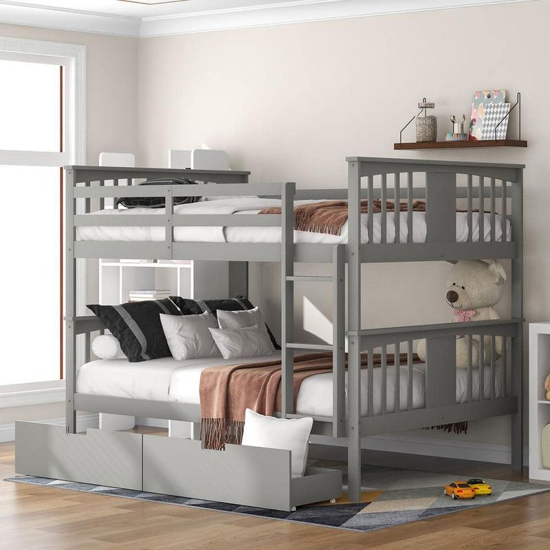 Polibi - Gray Full Over Full Bunk Bed with Drawers and Ladder for Bedroom, Guest Room Furniture