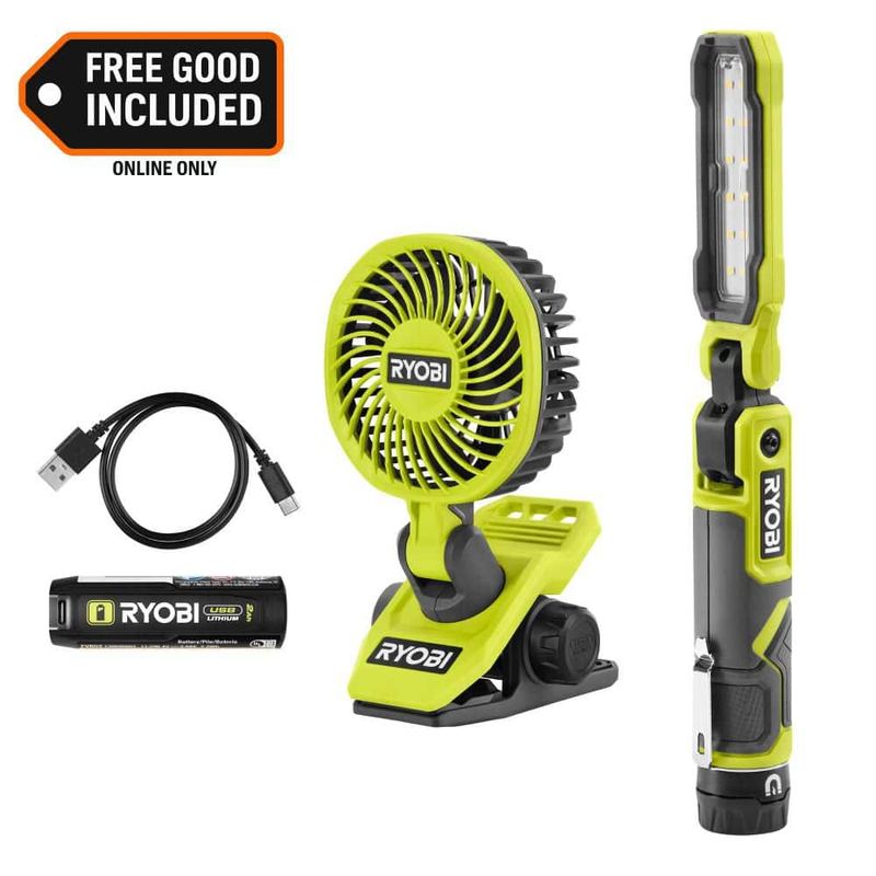 RYOBI - USB Lithium Cordless 550 Lumens Rechargeable Inspection Flashlight Kit with USB Lithium Cordless Clamp Fan