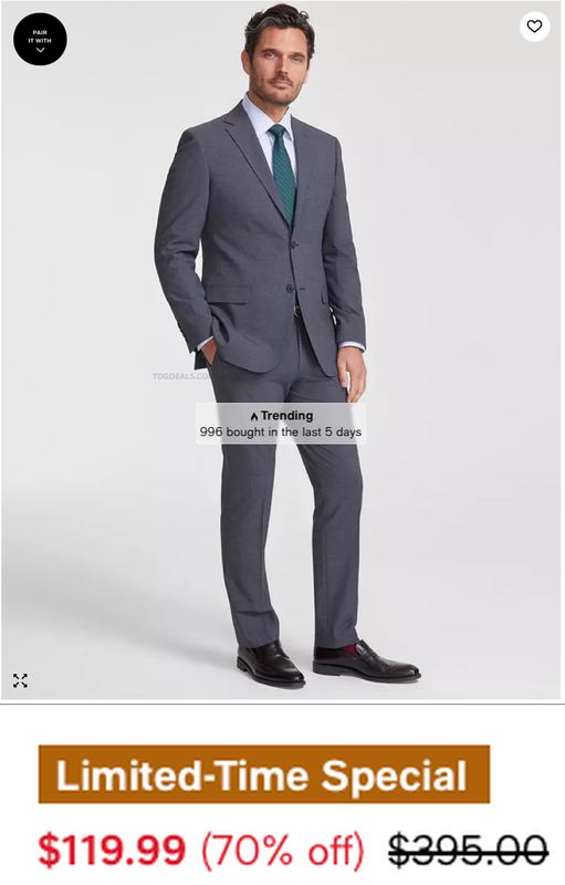 $395 DKNY MEN'S MODERN-FIT 2-PIECE SUIT FOR $119.99