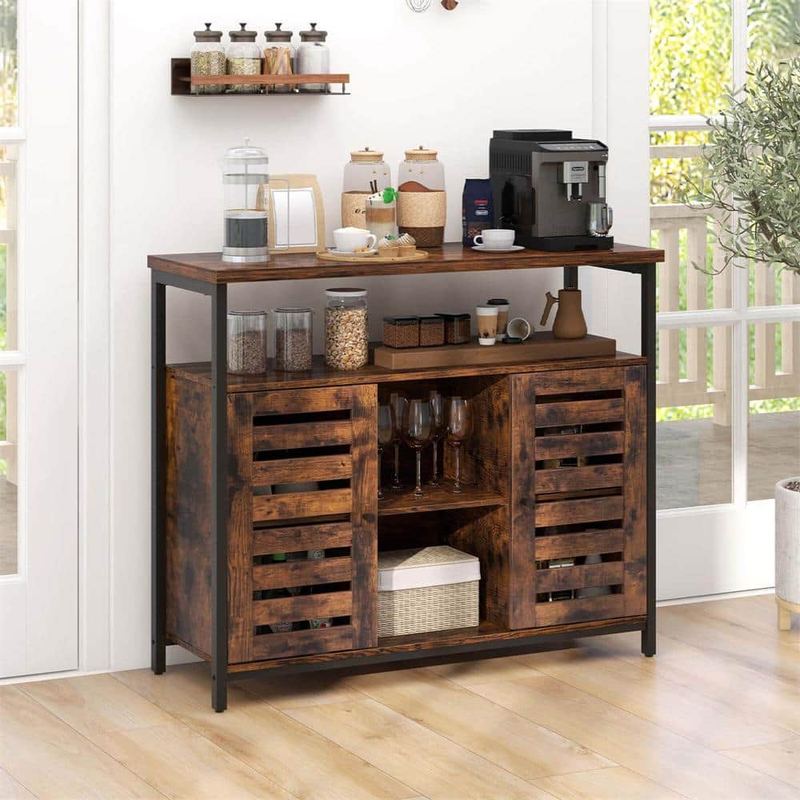Costway - Rustic Brown Wood 39.5 in. Buffet Cabinet with Push-to-Open Slatted Door