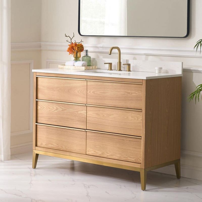 WELLFOR - NOLAN 48 in. W x 22 in. D x 35 in. H Single Sink Freestanding Bath Vanity in Light Oak with Carrera White Quartz Top