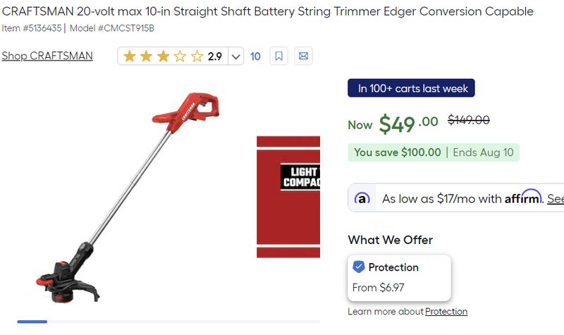 $149.00 - CRAFTSMAN 20-V Straight Shaft Battery String Trimmer Edge