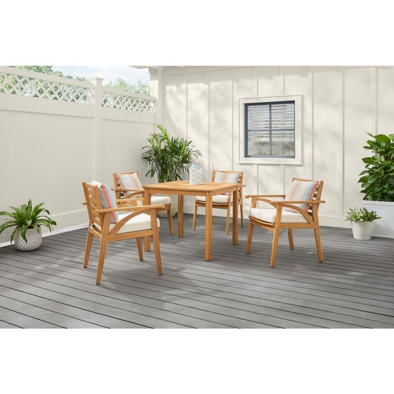 Hampton Bay - Windy Hill 5-Piece Acacia Wood Outdoor Dining Set with CushionGuard Almond Biscotti Cushions
