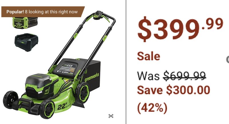 $699.99 GREENWORKS PRO 60V SELF-PROPELLED MOWER NOW $399.99