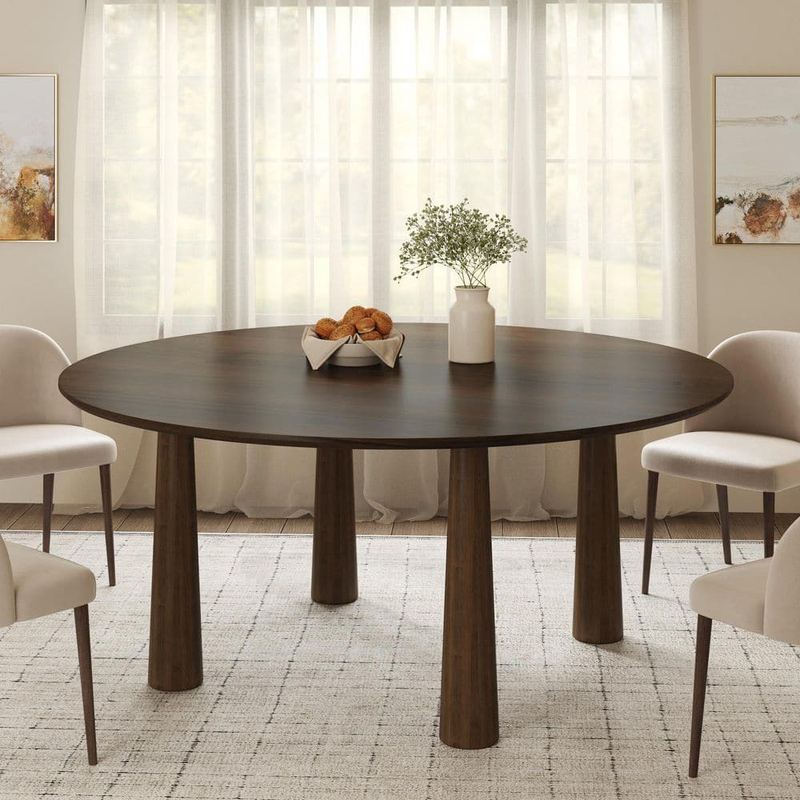 Lirago - Round Walnut Solid Wood 59 in. Kitchen Tables 4-Legs Dining Table Seats 8