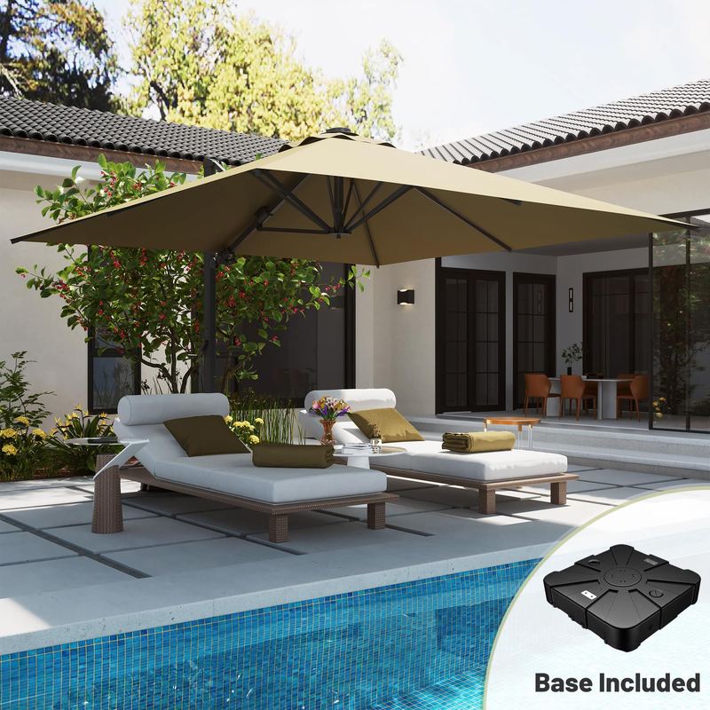 Mondawe - 10*10ft Large Patio Cantilever Umbrella with LED Light Panel and Base - Tan