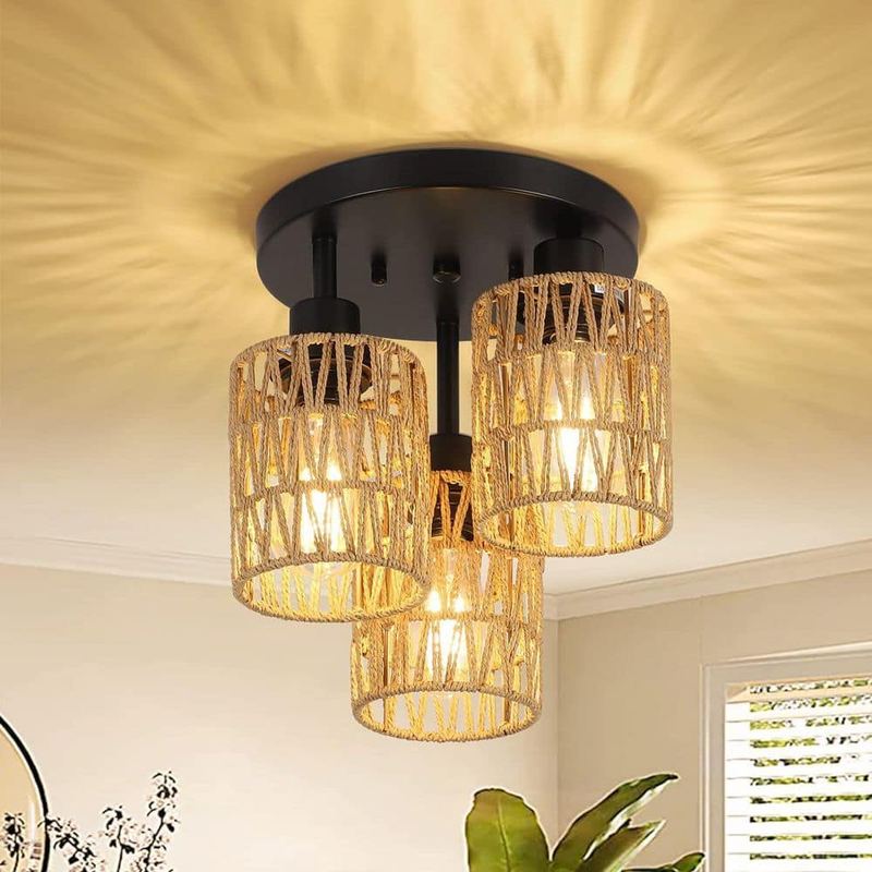 Basdien - 11 in. 3-Light Matte Black Industrial Semi-Flush Mount With Clear Crystal Shades for Kitchen Bedroom No Bulbs Included