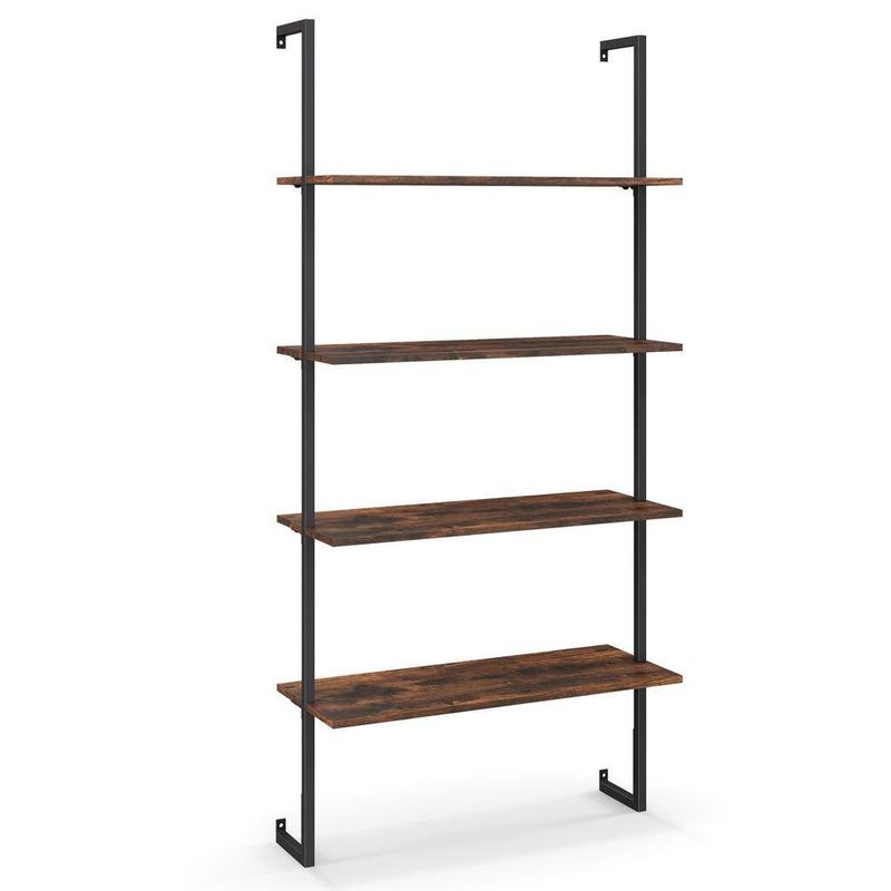 Costway - 64 in. Coffee Wood 4-Shelf Ladder Bookcase Industrial Wall Shelf with Metal Frame Rustic Brown