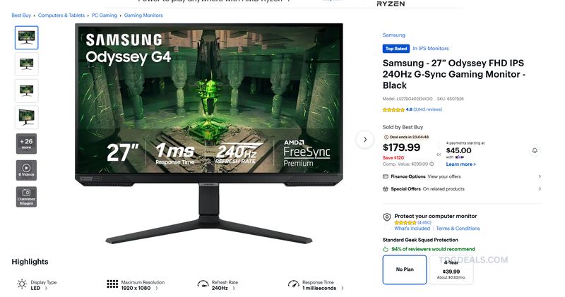 SAMSUNG 27" ODYSSEY G4 240HZ GAMING MONITOR — $179.99