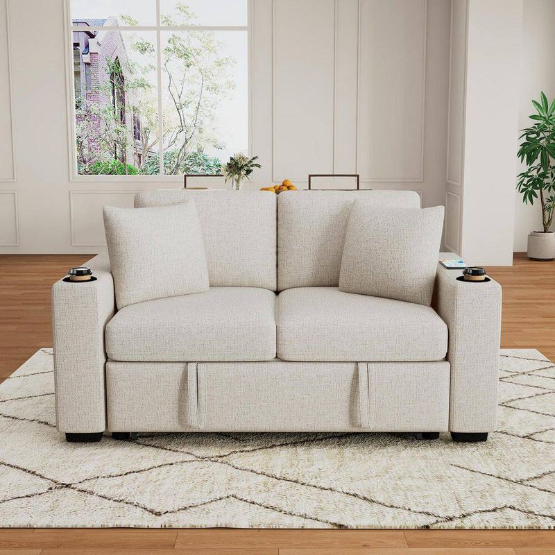 Nestfair - 60.6 in. Beige Chenille Fabric Full Size Pull-out Sofa Bed with USB Ports, Cup Holders and Pillows