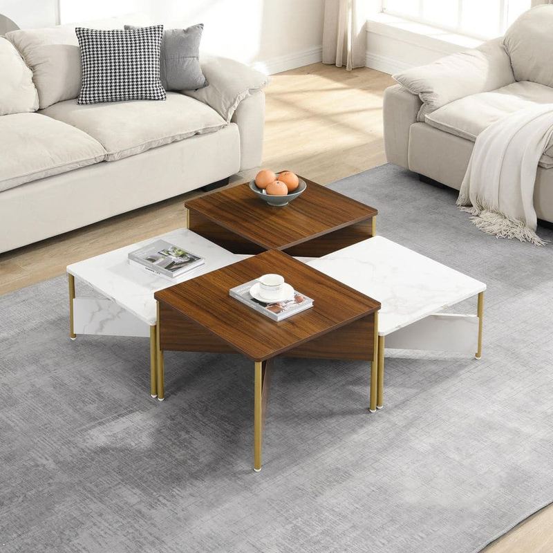 CHRISTOPHER KNIGHT HOME - Benedict Multi-Functional 39.4 in. Walnut+White Square Faux Marble MDF Nesting Coffee Tables Set of 4, Metal Legs