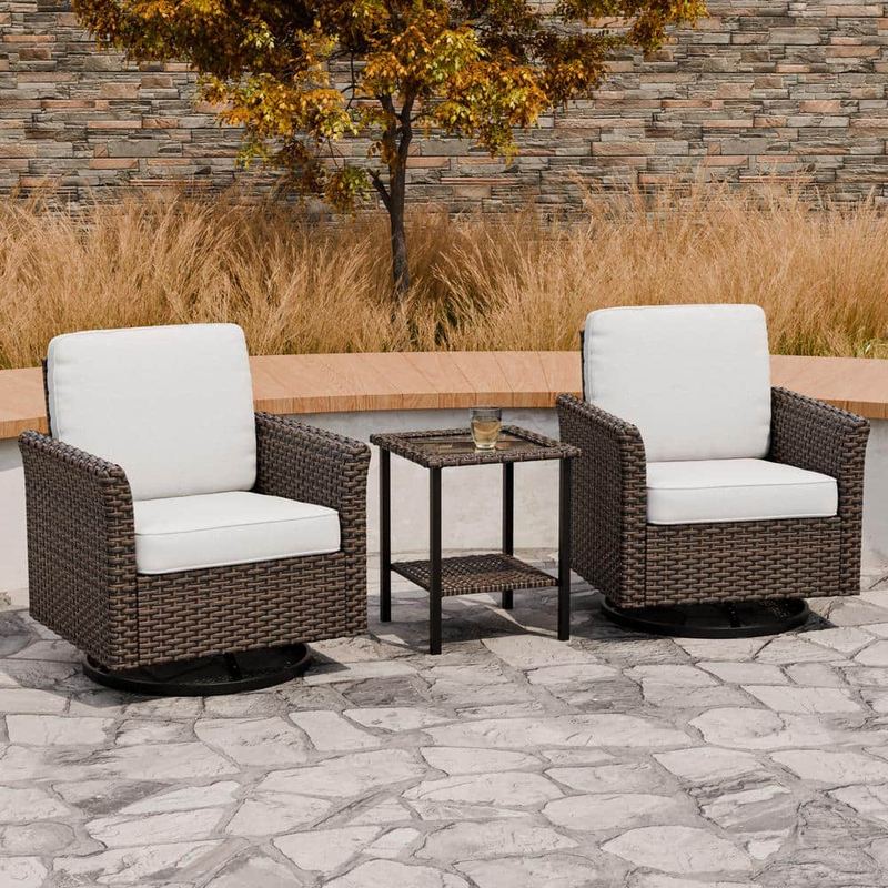 EAGLE PEAK - 3-Piece Mix Brown Wicker Patio Conversation Set Wide Armrest Swivel Chair Set with Beige Cushions, 2-Tier Side Table