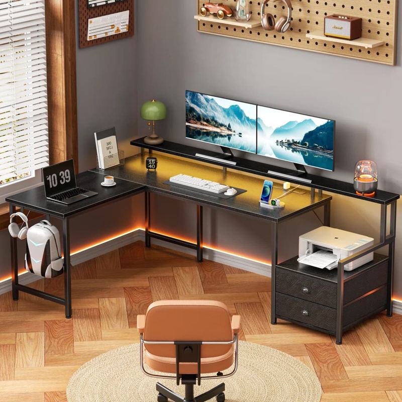 Furnulem - 66 In LShaped Gaming Desk with LED Lights Power Outlets Computer Desk with Drawers Printer Stand - Black
