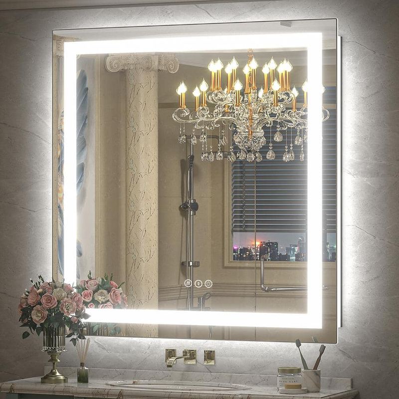 Apmir - 38 in. W x 38 in. H Square Frameless Front & Back LED Lighted Anti-Fog Tempered Glass Wall Bathroom Vanity Mirror