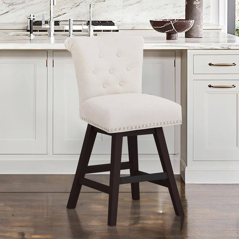 OrangeOne - 26 in. Beige Linen Swivel Upholstered Barstool Solid Wood Counter Stool with Nail Head Trim and Tufted Backrest
