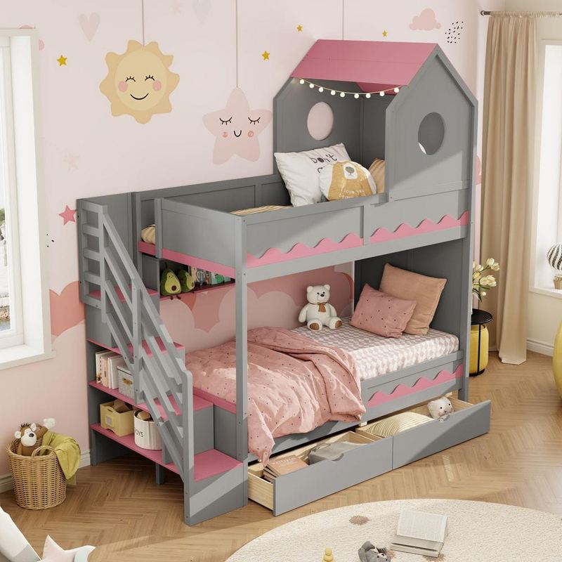 Harper & Bright Designs - Gray Twin Over Twin House Bunk Bed with Drawers, Bookshelves, Staircase and LED Lights