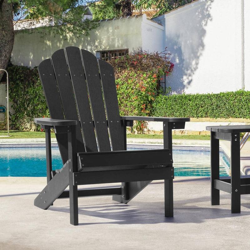JOYESERY - Black HDPE Plastic Foldable Adirondack Patio Chair Ergonomic Outdoor Furniture with Cup Holder (Set of 1)