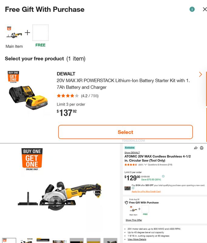 DEWALT ATOMIC CIRCULAR SAW + FREE BATTERY KIT — $129