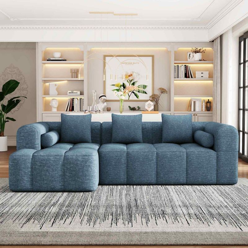 Polibi - 101.2 in. Rolled Arm Chenille L-Shaped with Deep Seating  and 2-Side Pockets Sofa in Blue