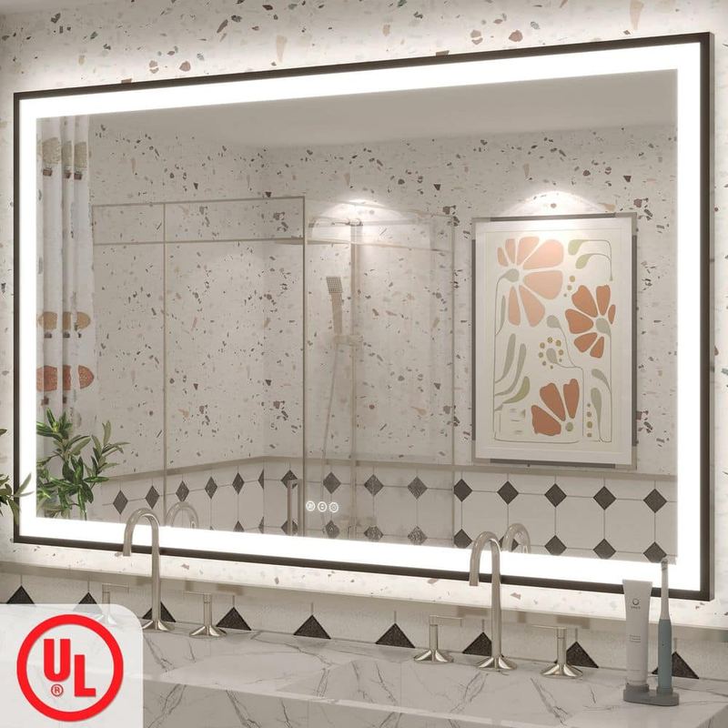 Apmir - 60 in. W x 38 in. H Rectangular Space Aluminum Framed Dual Lights Anti-Fog Wall Bathroom Vanity Mirror in Tempered Glass