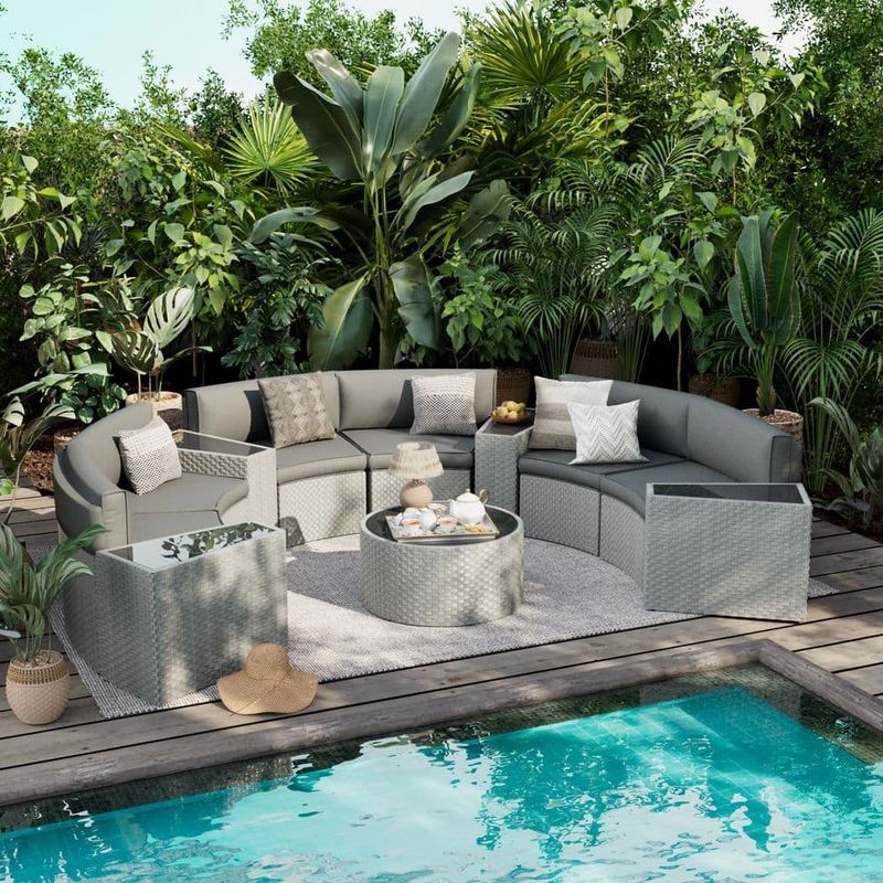 ELPOSUN - 6-Person 11-Piece Fully Assembled Wicker Curved Half-Moon Outdoor Patio Conversation Set with Gray Cushions