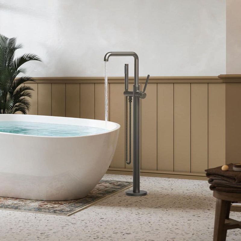 GRANDJOY - 2-Handle Claw Foot Tub Faucets Floor Mount Freestanding Tub Faucet Bathtub Filler with Hand Shower in Brushed Nickel