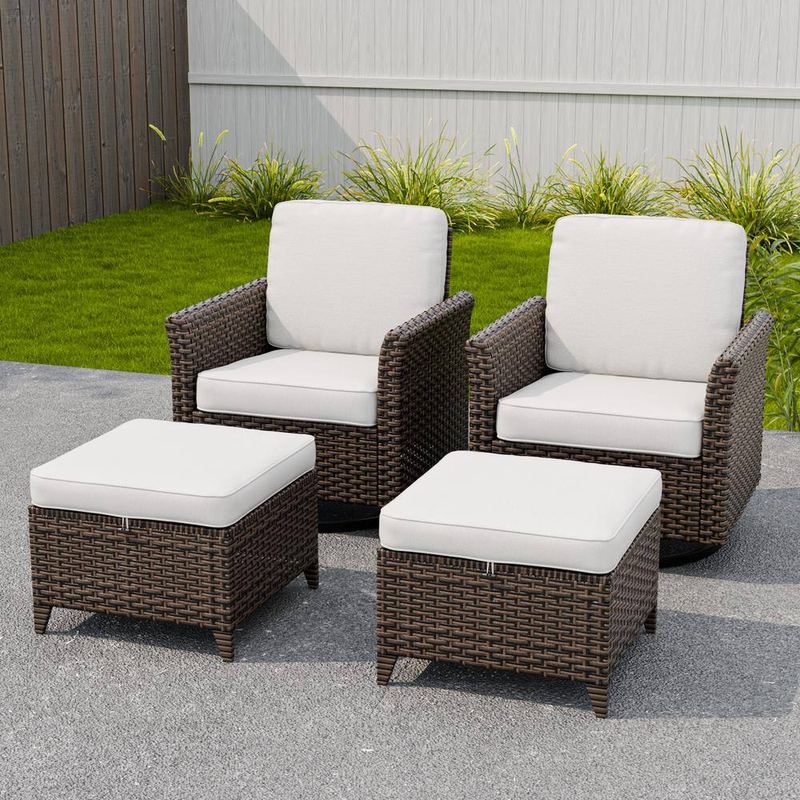 EAGLE PEAK - 4-Piece Mix Brown Wicker Patio Conversation Set Wide Armrest Swivel Chair Set with Beige Cushions, Ottomans