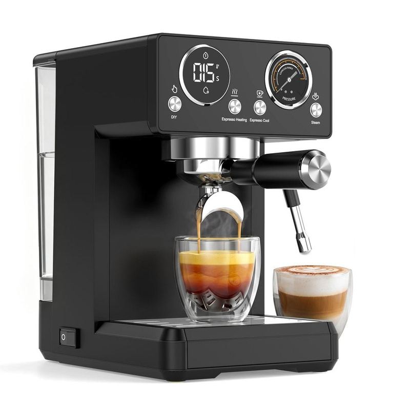 Anlicho - 2-Cup Black Stainless Steel Semi-Automatic Espresso Machine with 20-Bar Extraction, NTC Temp Control