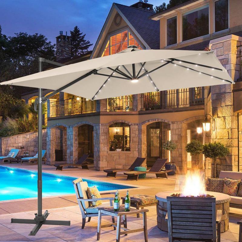JOYESERY - 10 ft. Offset LED Patio Umbrella Outdoor Hanging Umbrella, 50 Plus UV Protection Cantilever Outside Umbrellas in Beige