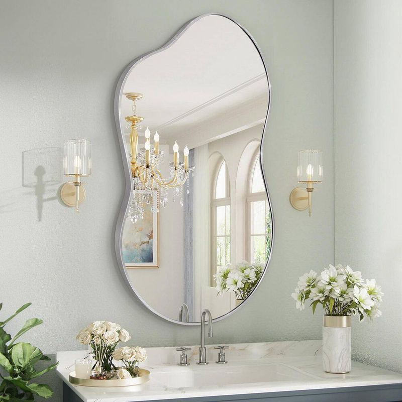 Hochwertiges - 46 in. W. x 26 in. H Irregular Silver Aluminum Alloy Framed Wall Mirror Asymmetrical Wall Mirror