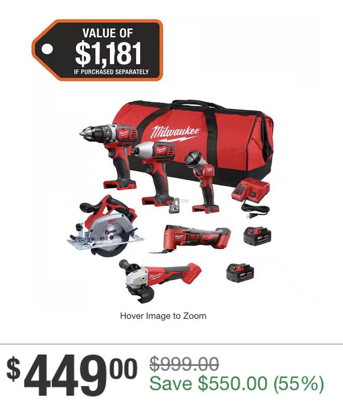 $999 MILWAUKEE M18 6-TOOL COMBO KIT FOR $449