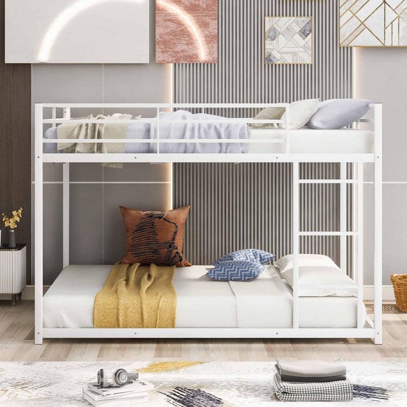 Polibi - White Full Over Full Metal Bunk Bed, Low Bunk Bed with Ladder