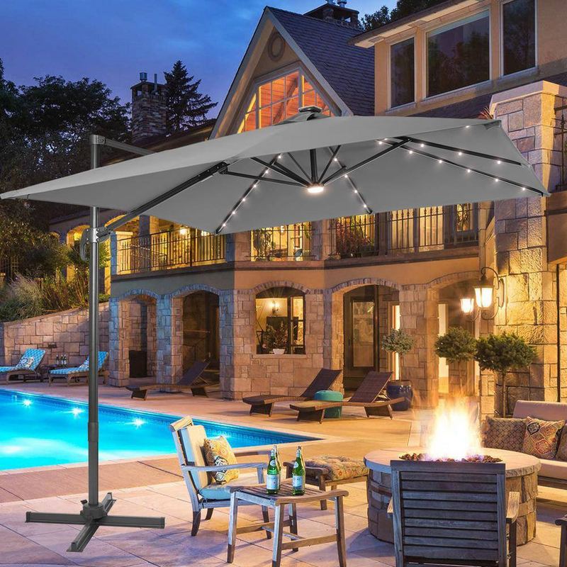 JOYESERY - 10 ft. x 8 ft. Outdoor Rectangular Cantilever LED Patio Umbrella, 240 g Solution-Dyed Fabric Aluminum Frame in Gray