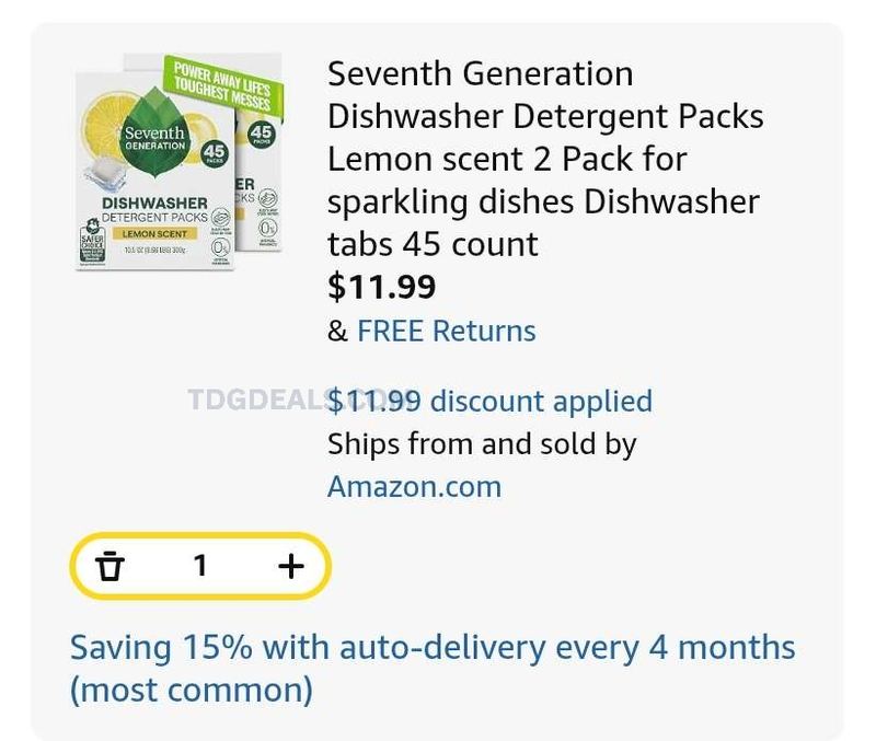 90-COUNT SEVENTH GENERATION DISHWASHER PACKS - $11.99